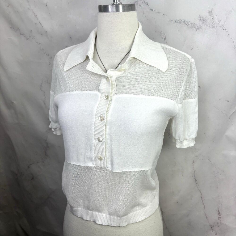 STAUD Short Sleeve Polo Mesh Top Blouse Women XS White Cropped Preppy Retro - Picture 4 of 16